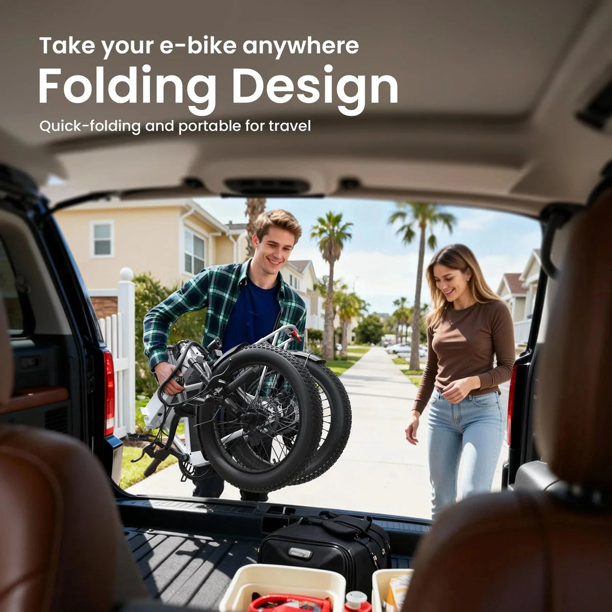 A man placing a folded white electric bicycle into the trunk of a car.