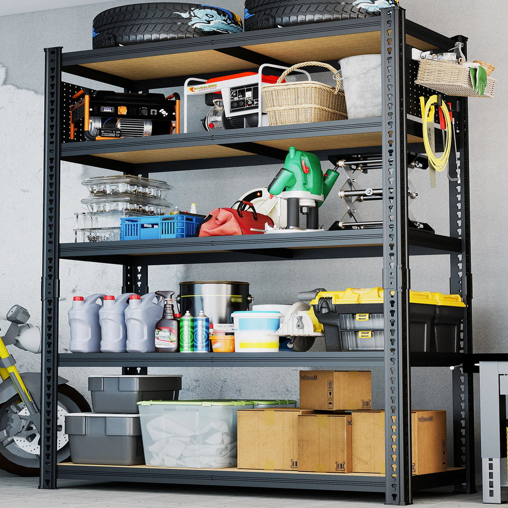 A black 5-tier heavy-duty metal shelving unit loaded with various garage tools and storage bins.