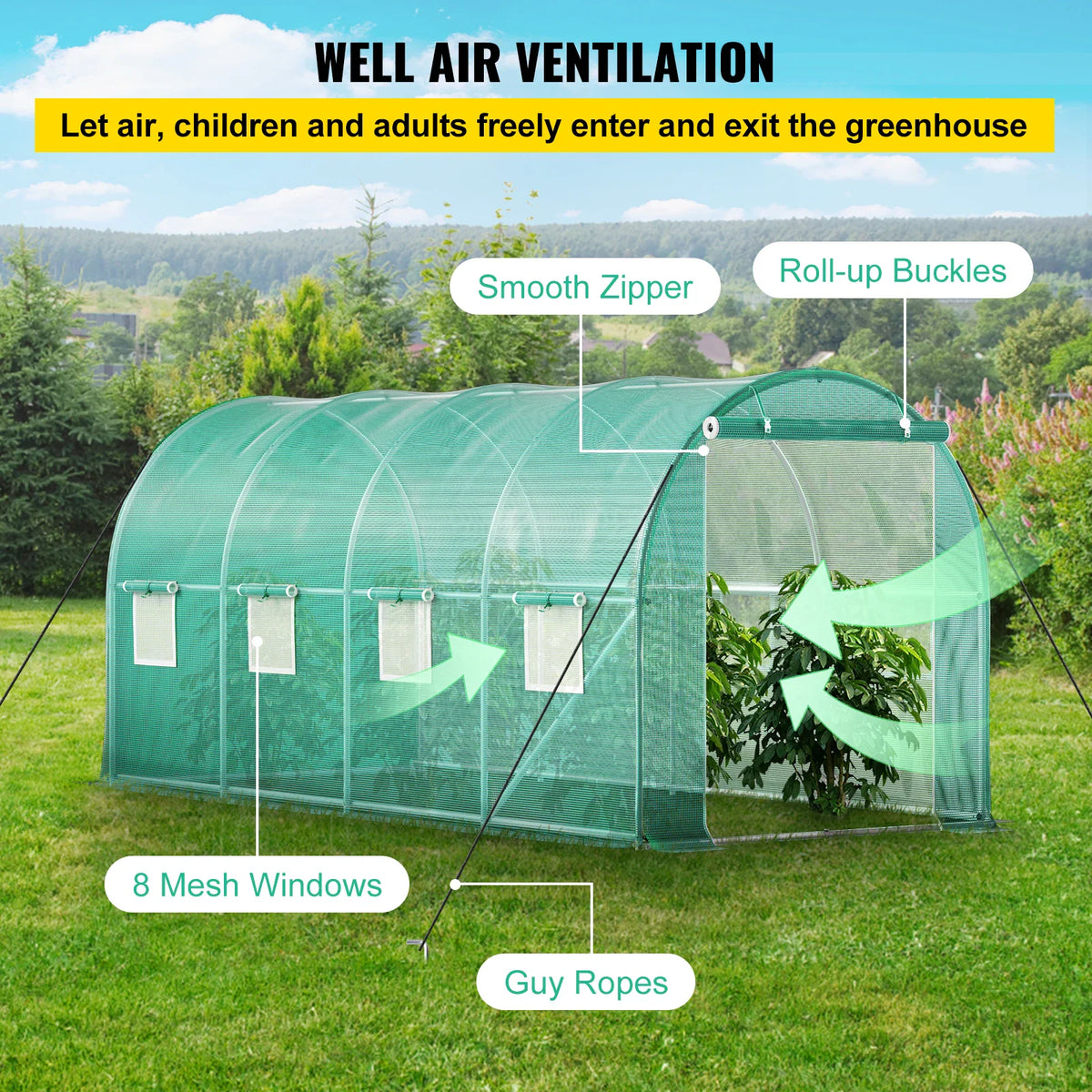 Tunnel greenhouse with mesh windows, zipper door, and air circulation arrows.