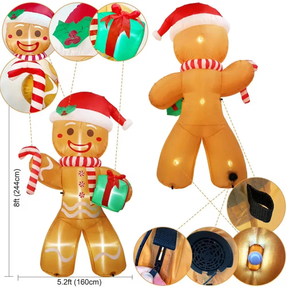 8 foot inflatable gingerbread man with gift and candy cane showing inflation details and included accessories