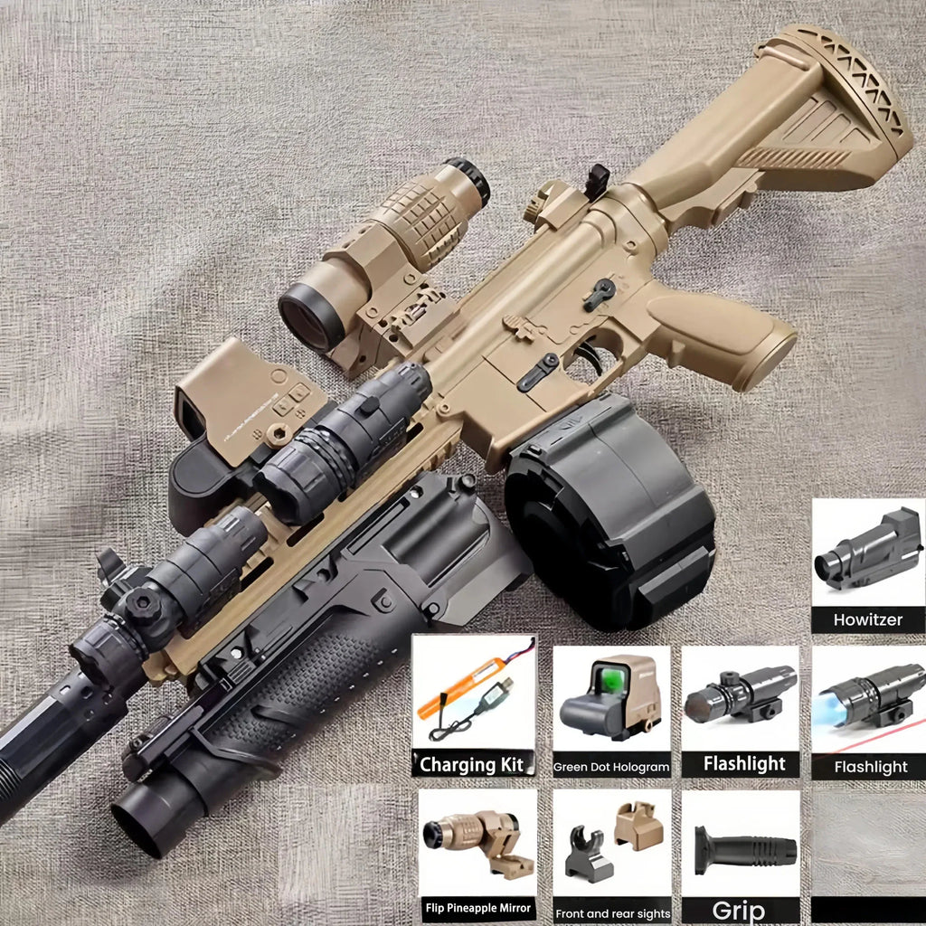 Tan M416 gel blaster toy with various included tactical attachments like scope, grip, and batteries.
