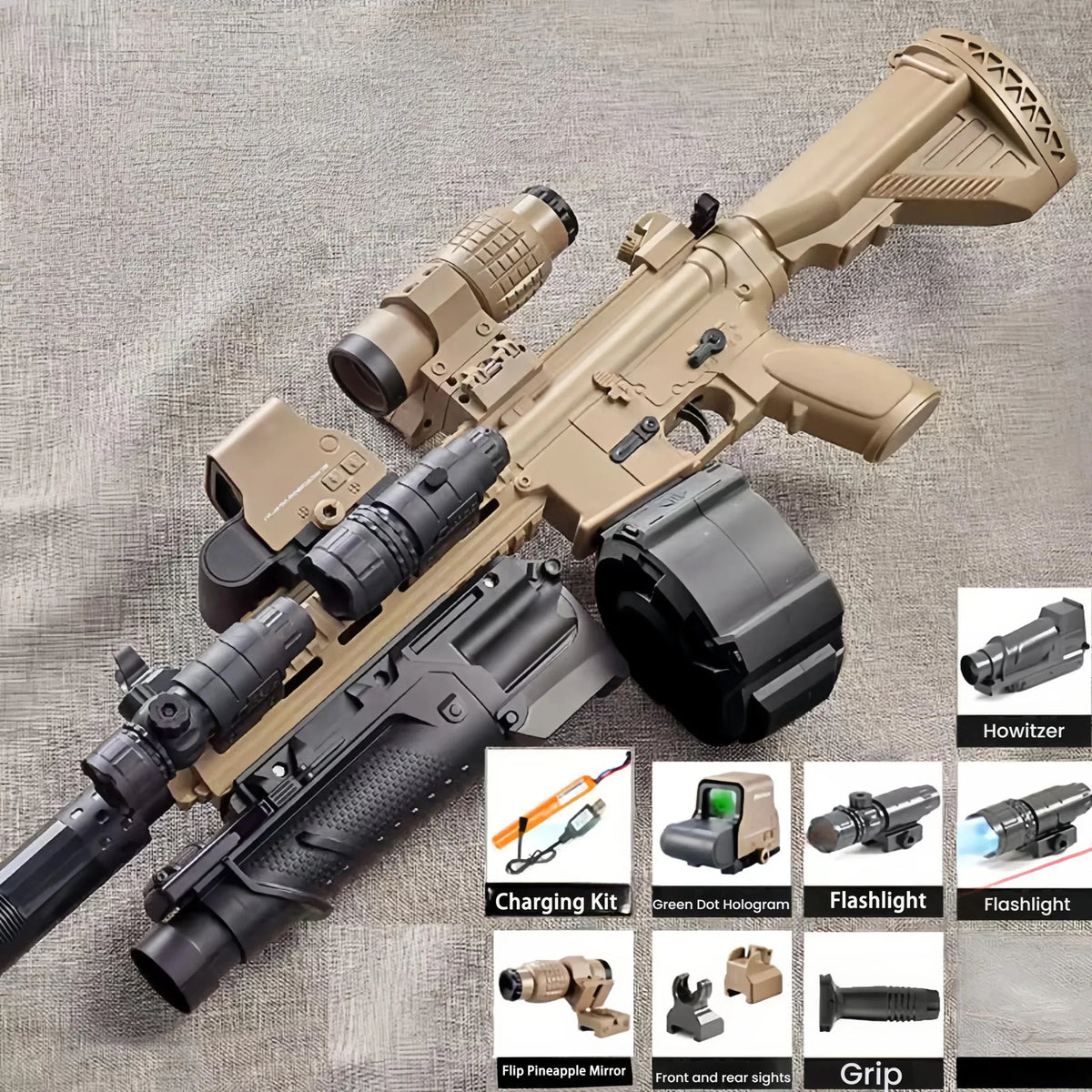 Tan M416 gel blaster toy with various included tactical attachments like scope, grip, and batteries.