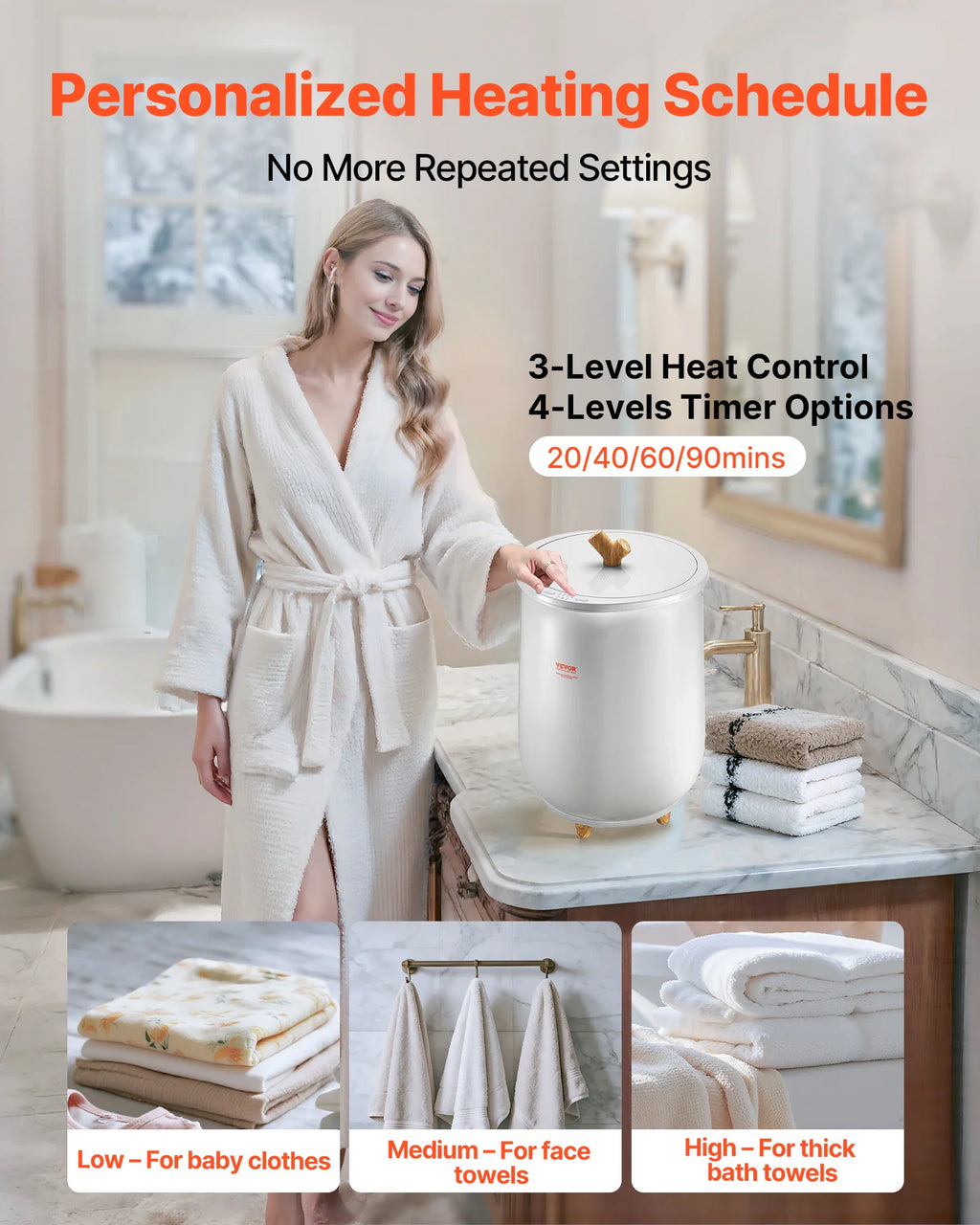 A woman in a bathrobe using a towel warmer bucket with heating schedules and timer settings shown