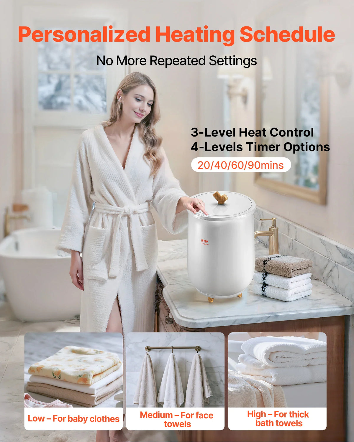 A woman in a bathrobe using a towel warmer bucket with heating schedules and timer settings shown