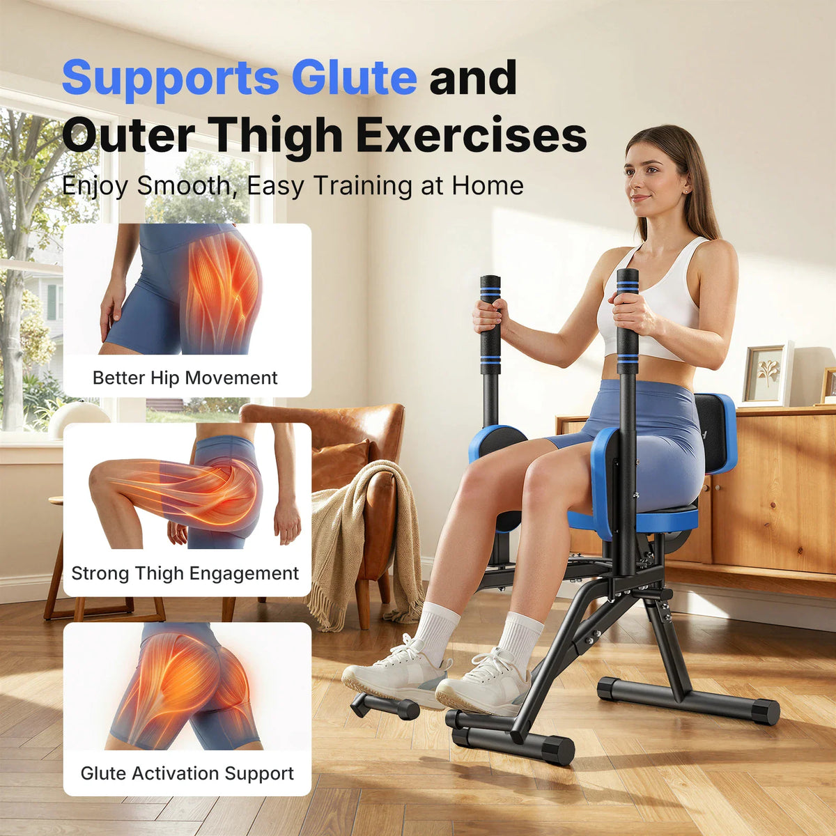Woman exercising on a black and blue hip abductor machine showing glute and thigh muscle engagement.