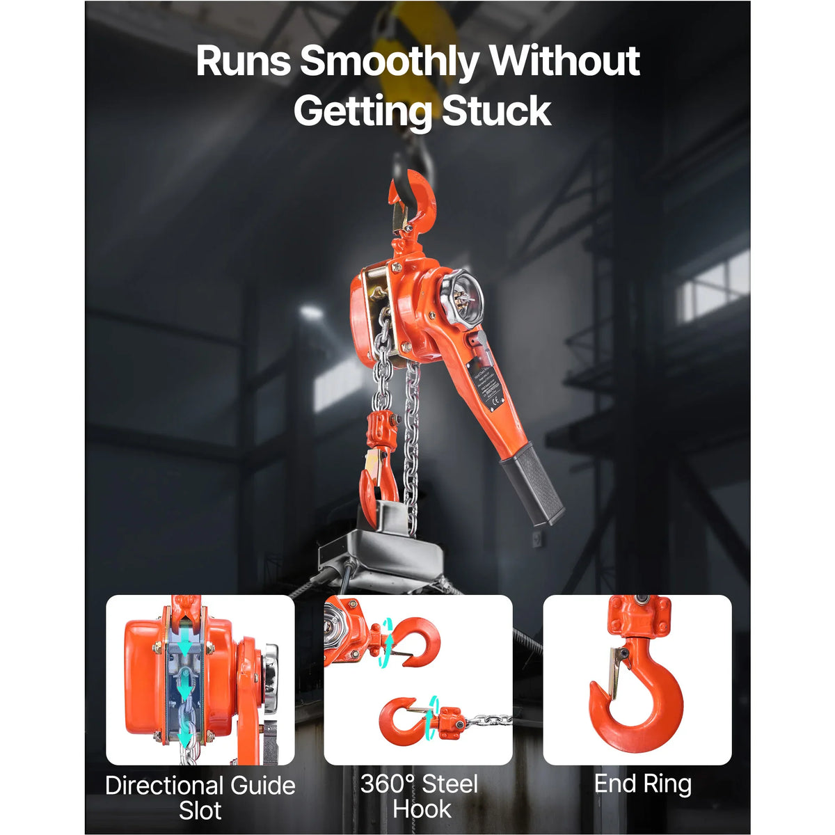 Orange lever chain hoist featuring 360 degree rotating steel hooks and chain guide.