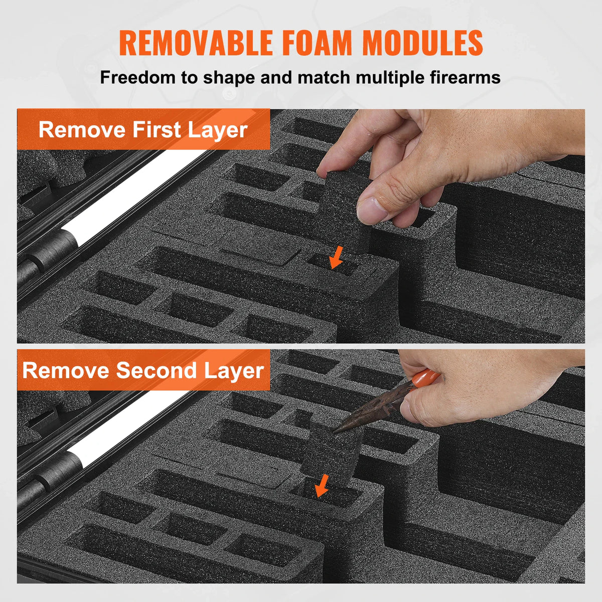 Hands demonstrating the removal of customizable foam layers from a protective gun case.