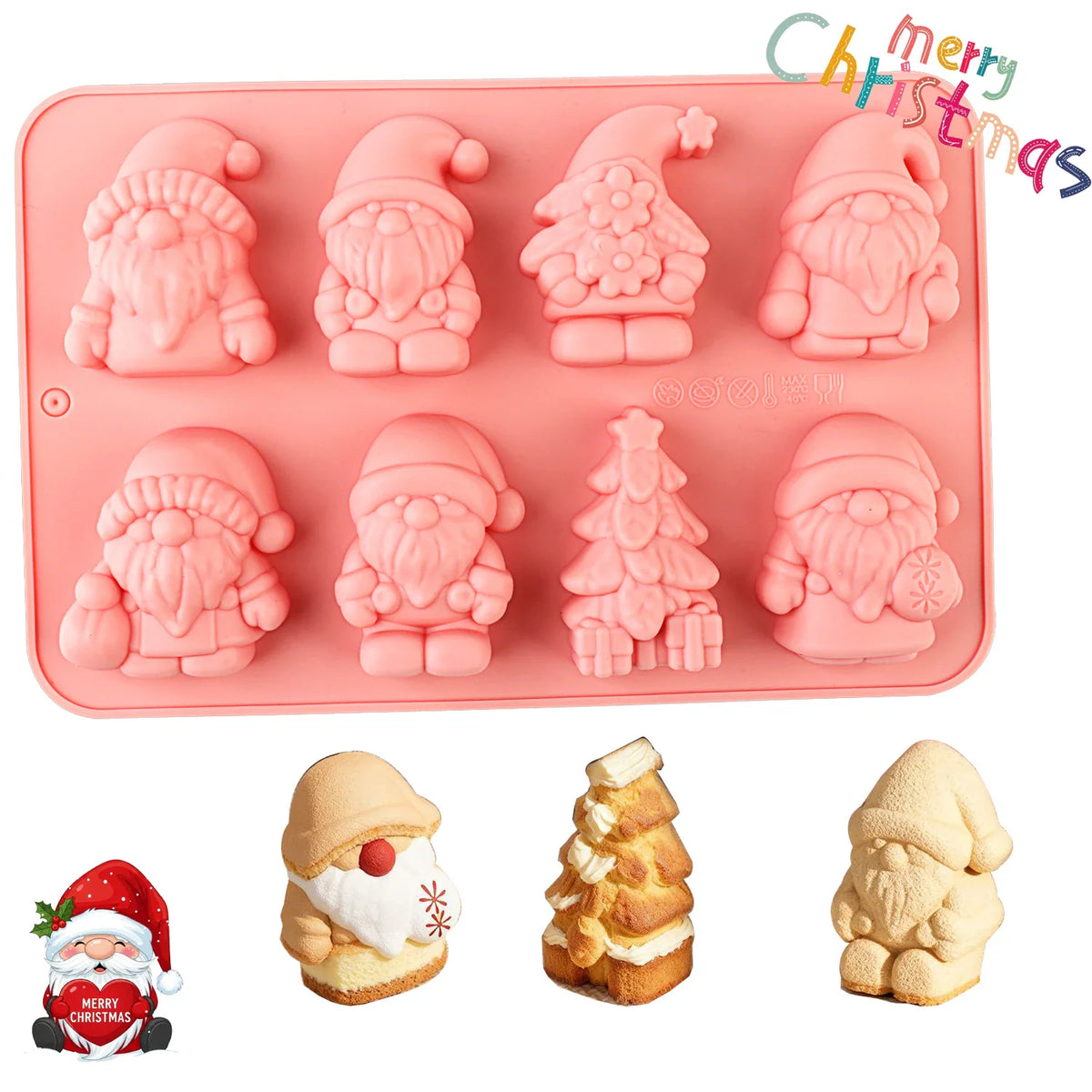 Pink silicone mold with Christmas gnome and tree cavities for baking cakes and chocolates
