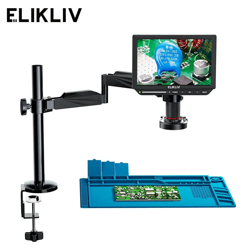Digital microscope with boom arm, soldering mat, and electronics component on screen