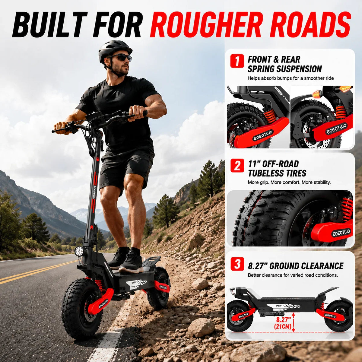 Electric scooter features showing suspension, tires, and ground clearance