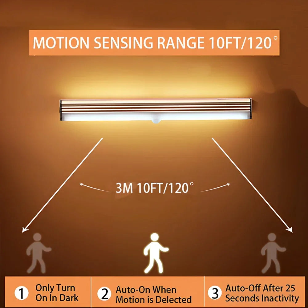 Motion sensor light bar schematic showing detection range and auto features