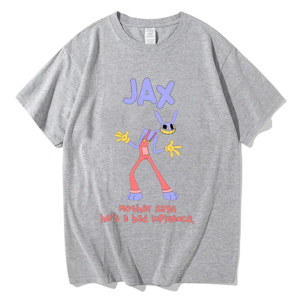 Grey short-sleeved cotton t-shirt with purple rabbit cartoon character graphic and text