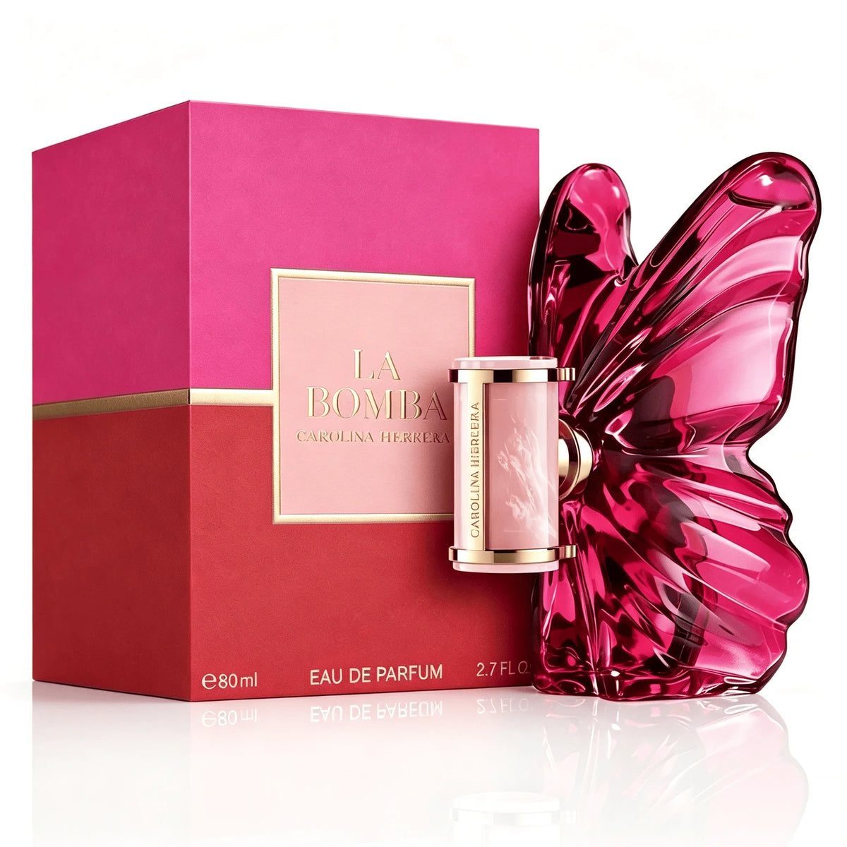 A pink butterfly-shaped glass perfume bottle next to its pink and red branded box on a white background.