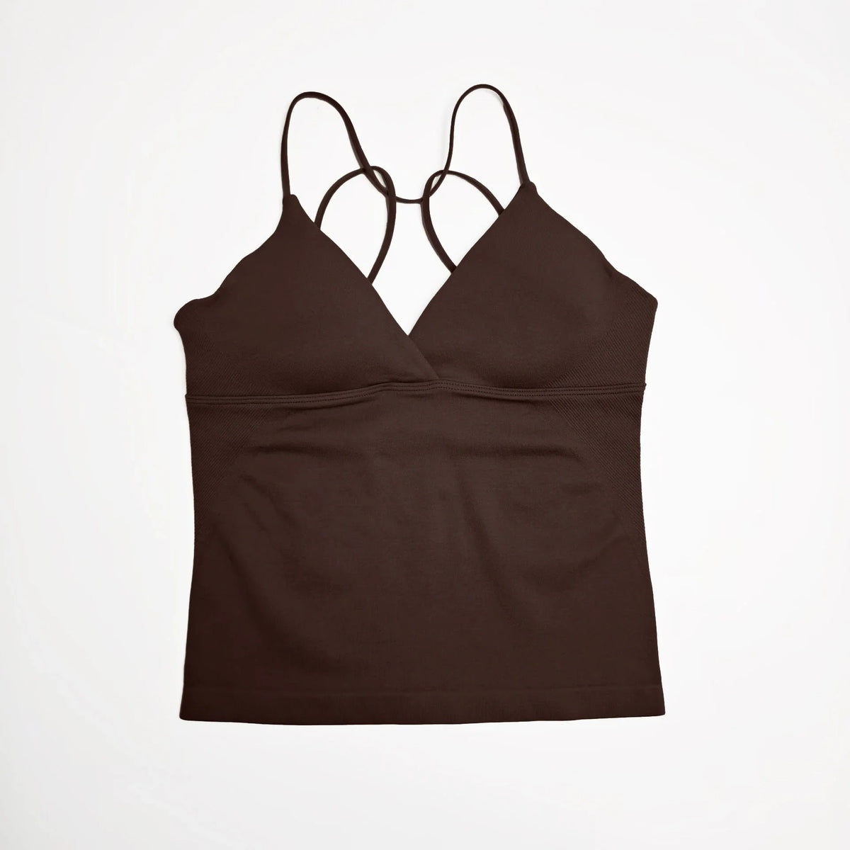A sleeveless deep-v workout tank top in dark brown with thin straps.