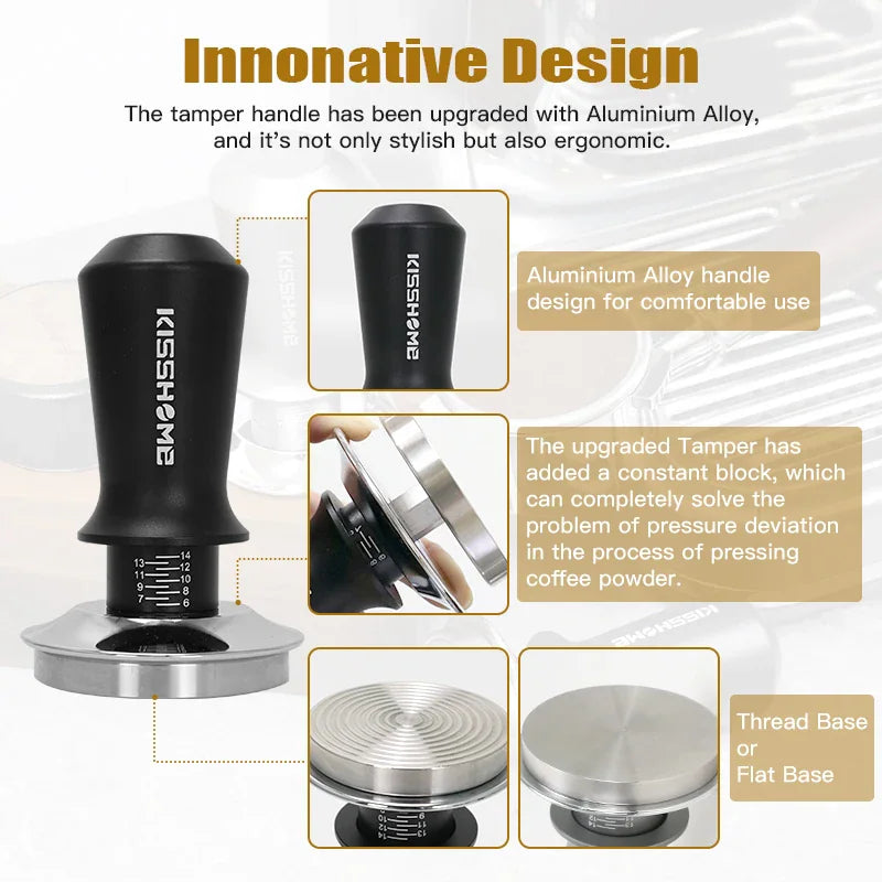 Coffee tamper design features including aluminium alloy handle, constant force block, and interchangeable bases