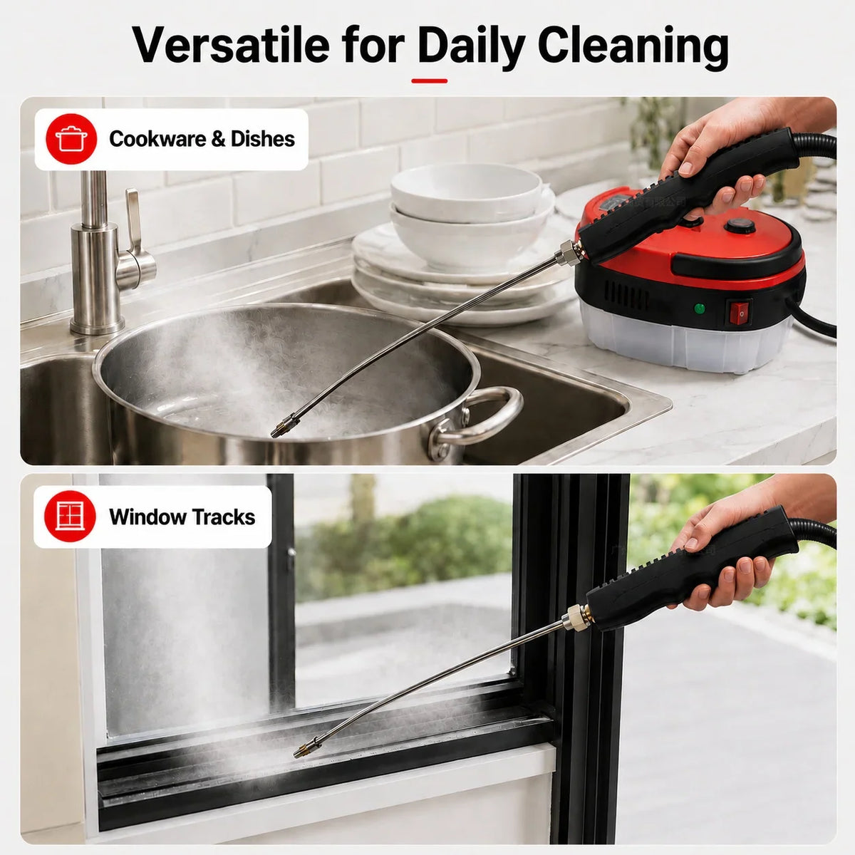 Handheld steam cleaner being used to clean kitchen dishes in a sink and window tracks