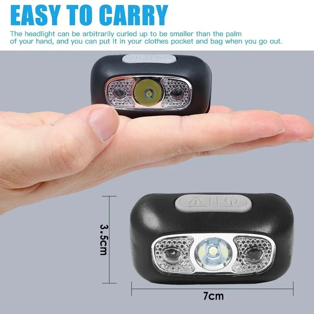 Compact black LED headlamp held in palm for size comparison
