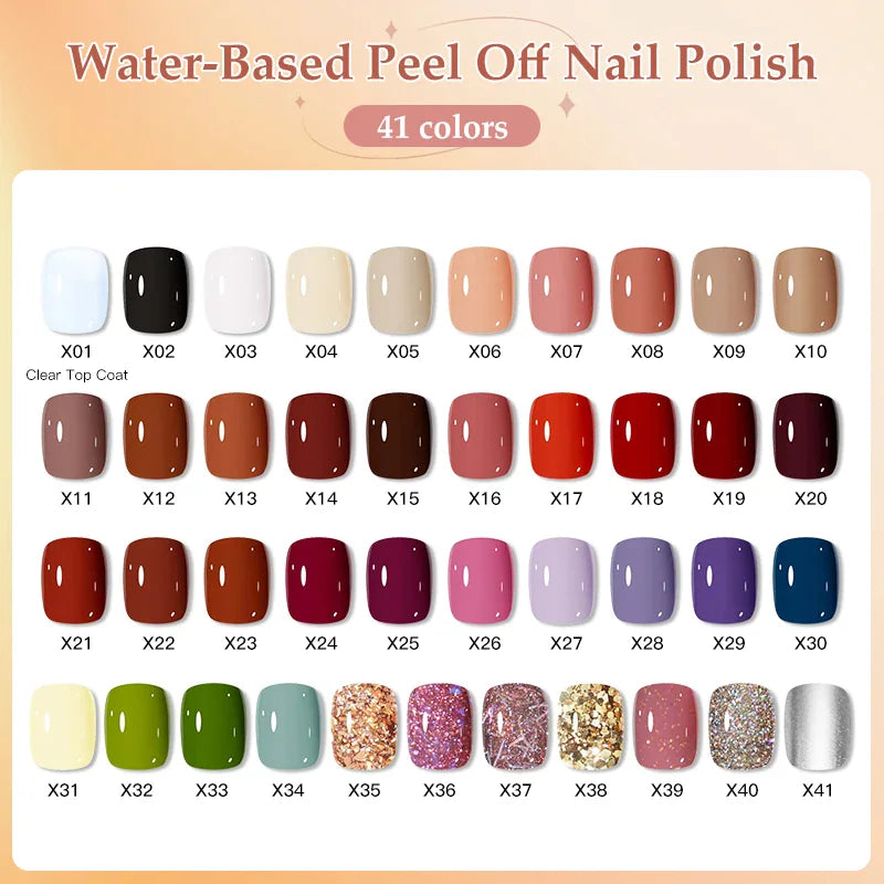 A color chart displaying 41 different shades of peel-off nail polish.