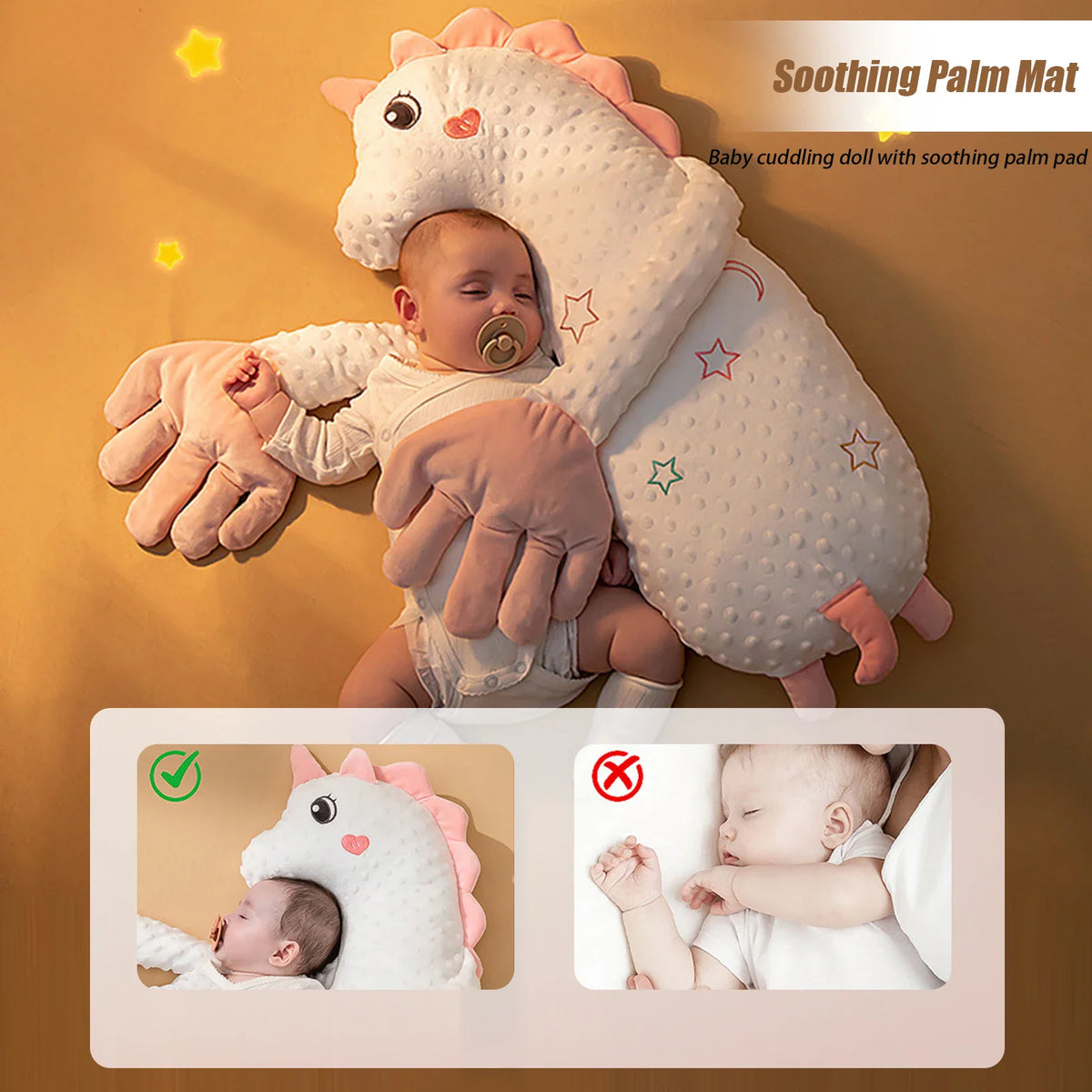 A baby sleeping with a unicorn shaped soothing pillow with star patterns.
