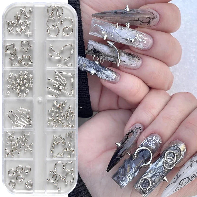 Set of silver metallic gothic nail charms in a storage box with detailed shots of manicured fingers