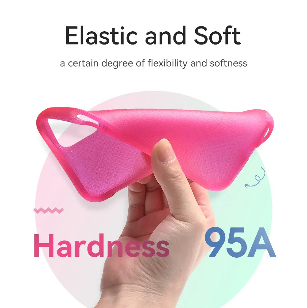 Hand holding a flexible pink 3D printed phone case made of TPU filament.