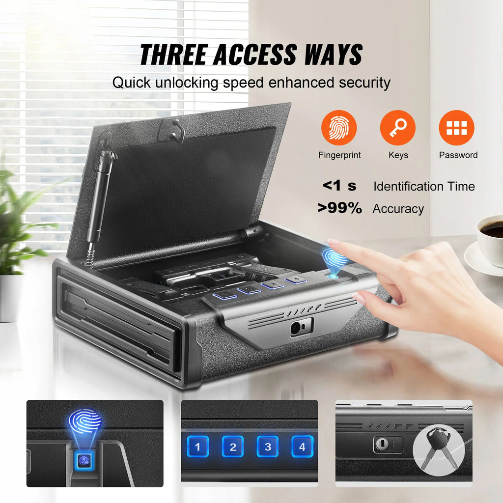 A biometric pistol safe being unlocked by a hand, showing key, fingerprint, and keypad access.