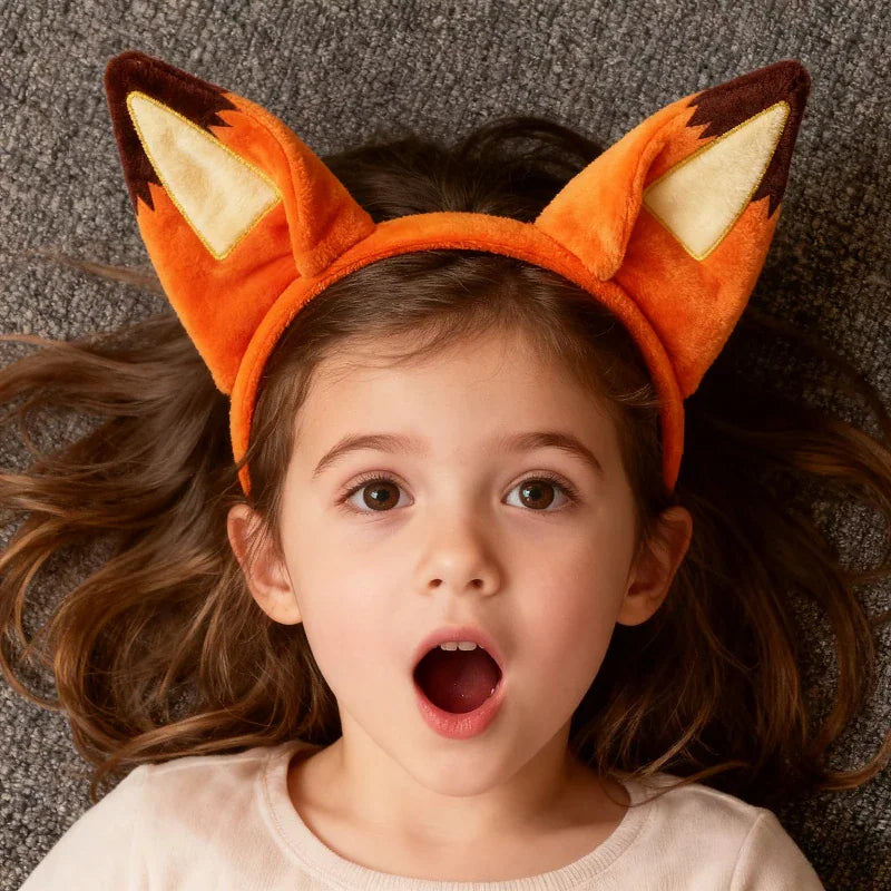 Little girl wearing an orange fox ears headband.