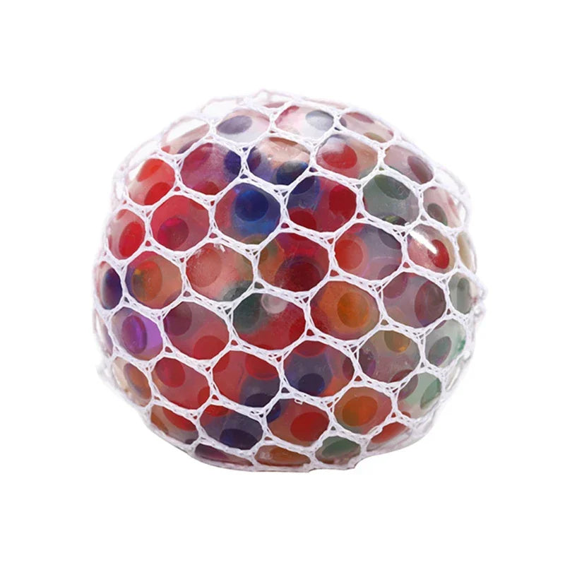 Multi-coloured water bead stress relief ball in a white mesh net