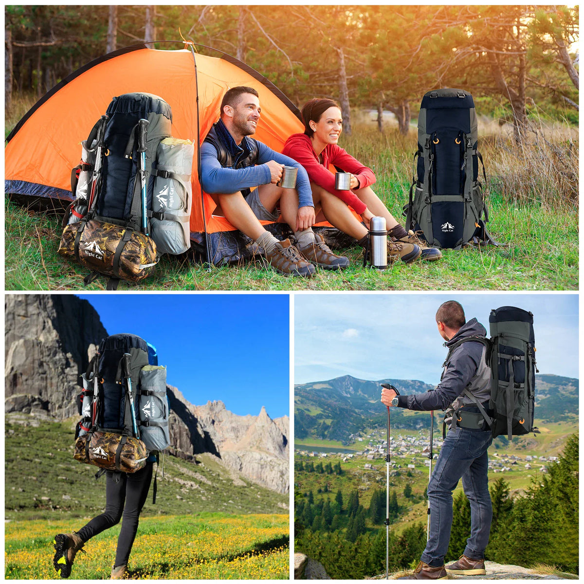 People hiking and camping with blue and grey large hiking backpacks in nature.