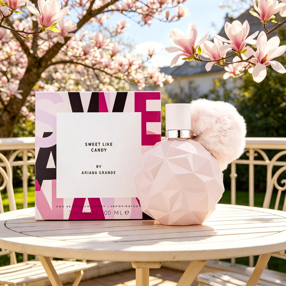 A pale pink perfume bottle with a fluffy pom-pom and its box placed on a wooden table outdoors with blooming magnolia trees.