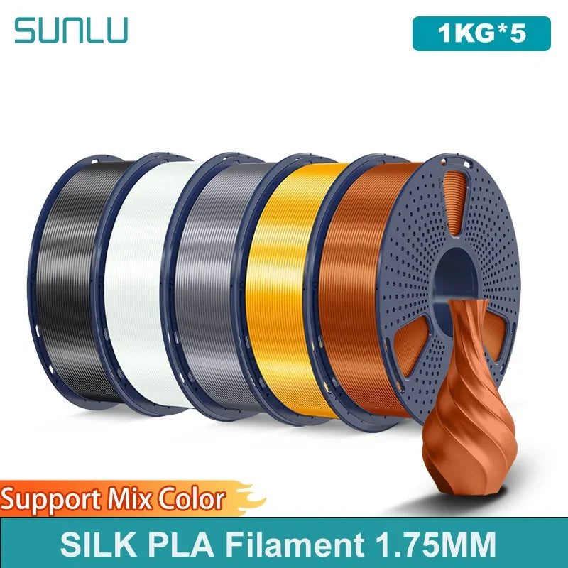 Five spools of assorted colored 1.75mm silk PLA 3D printer filament with a 3D printed vase.