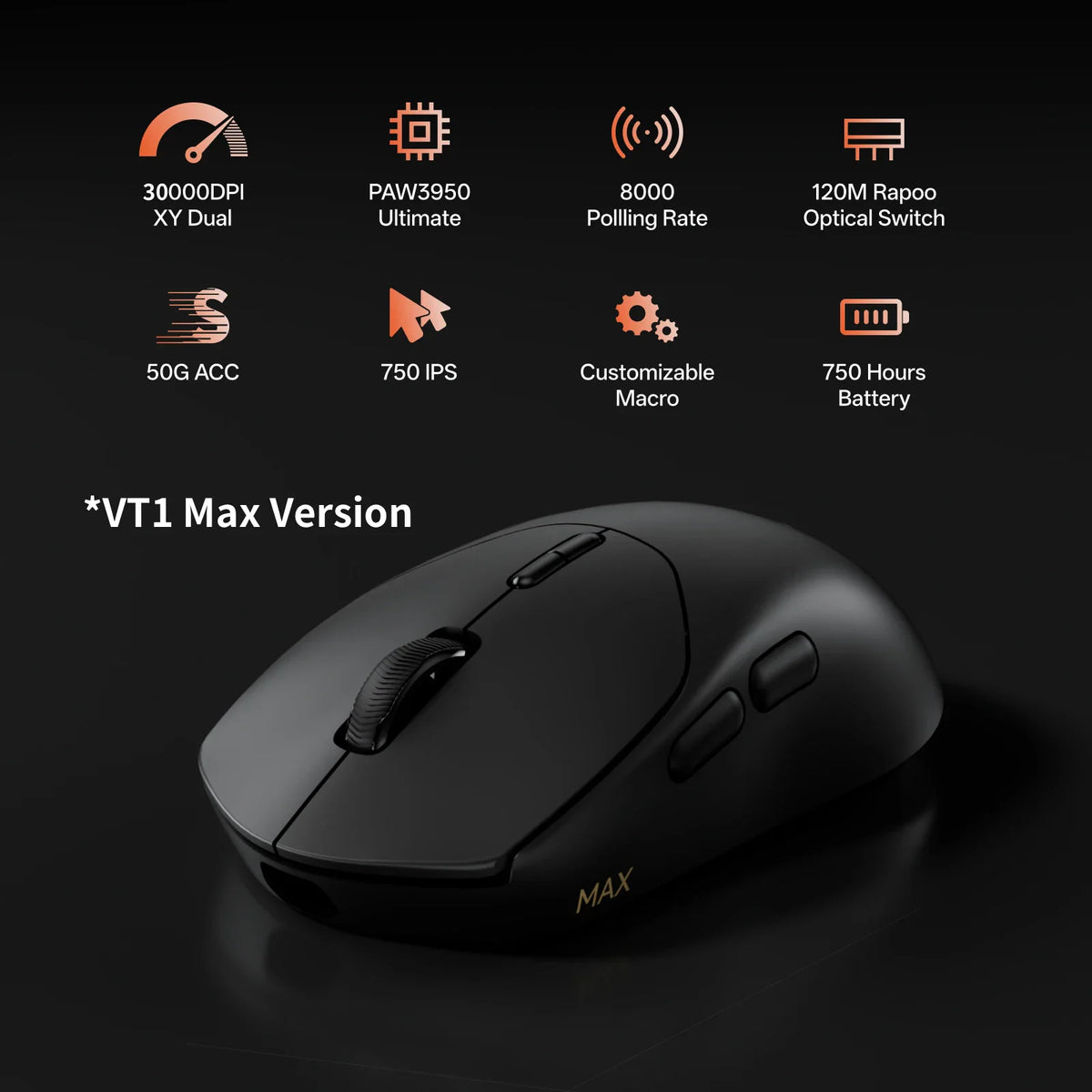 Black wireless gaming mouse with technical specifications and feature icons listed above it.
