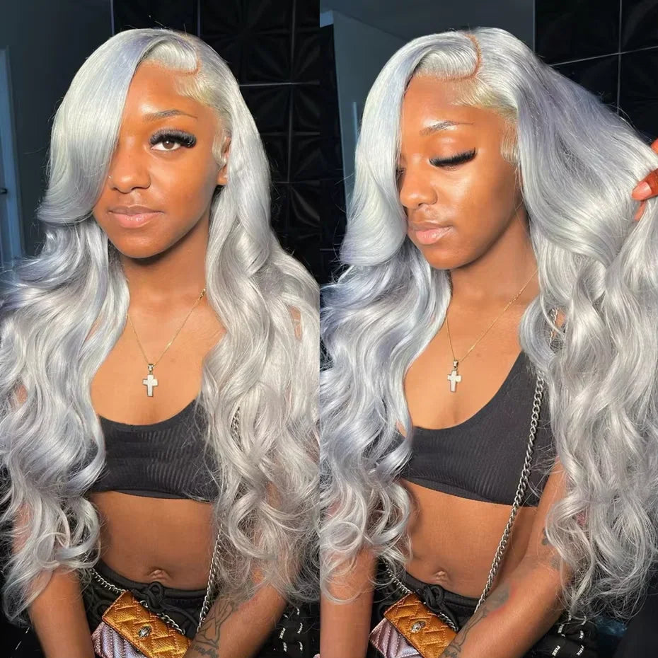 Woman wearing a long wavy silver grey lace front wig