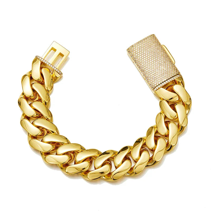 Gold cuban link bracelet for men with a diamond-encrusted box clasp