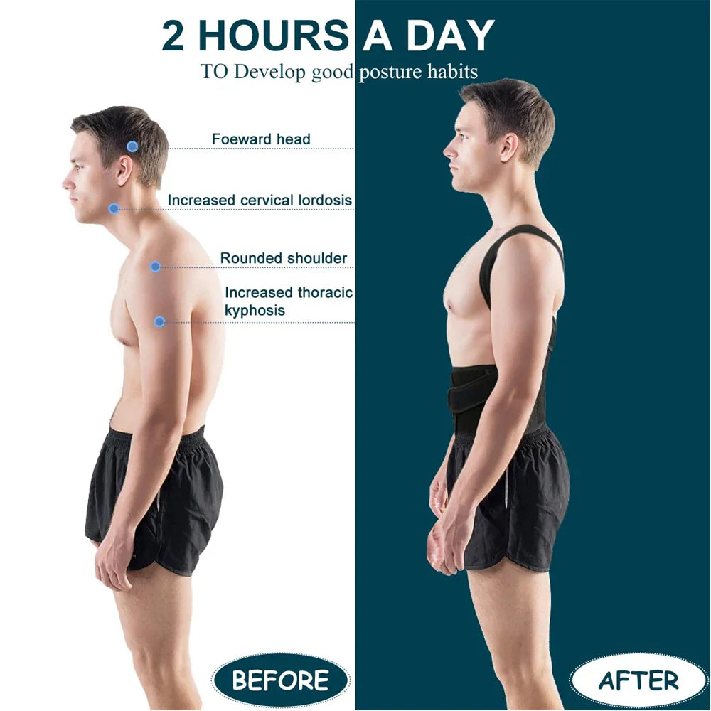 Before and after demonstration of male model wearing back brace for posture correction