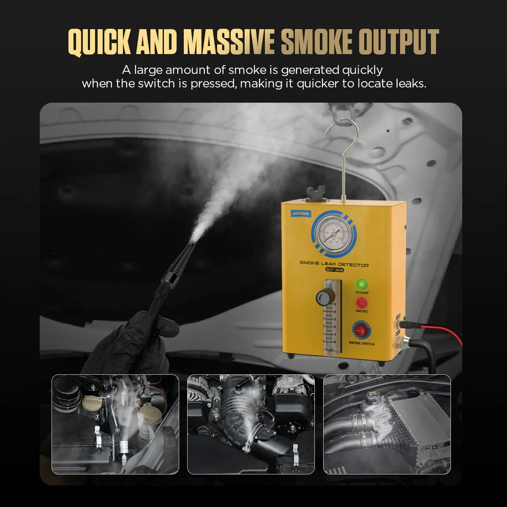 Demonstration of a yellow car smoke leak detector emitting smoke into an engine.