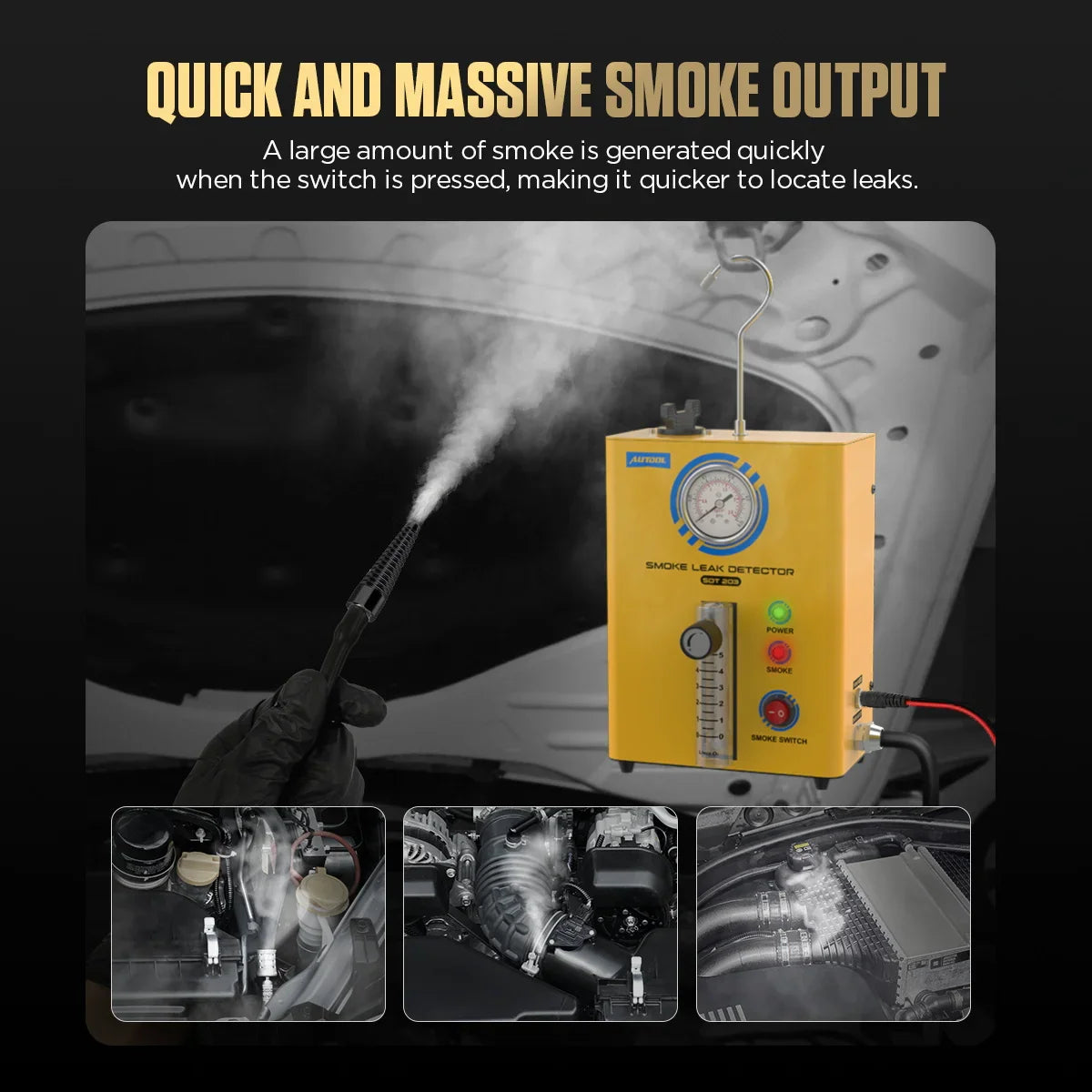 Demonstration of a yellow car smoke leak detector emitting smoke into an engine.