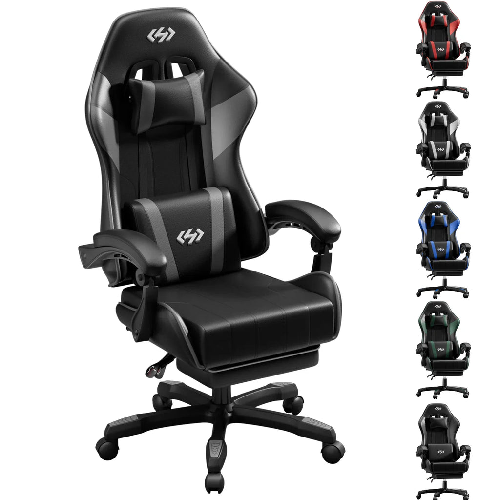 Black ergonomic gaming chair shown in various color variants in a side-by-side arrangement