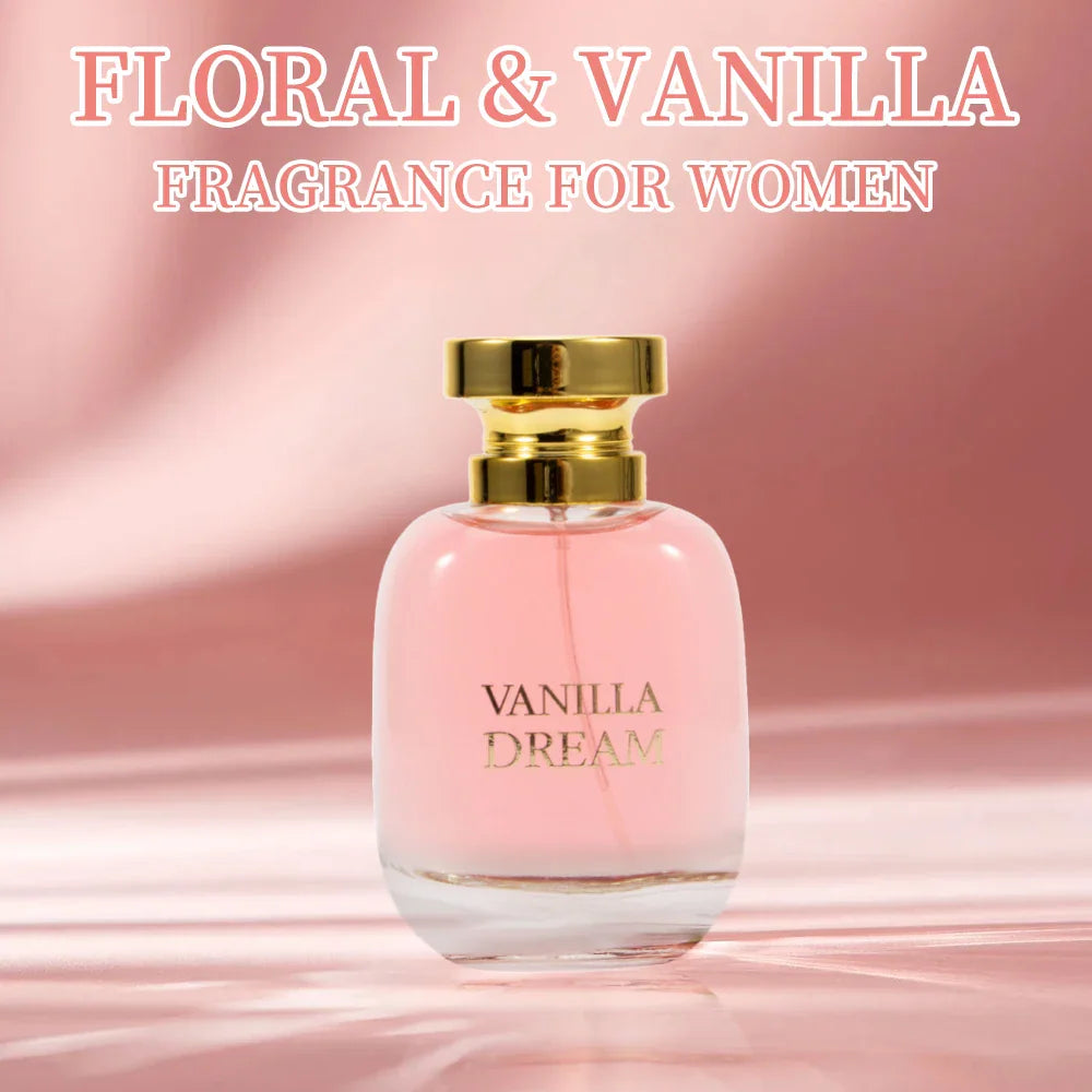 Vanilla Dream floral and vanilla eau de parfum for women in a glass bottle with gold cap on a soft pink satin surface