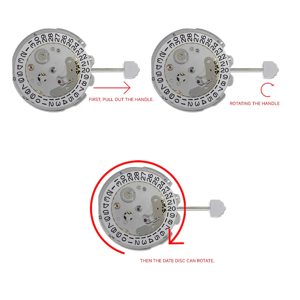 Instructions on how to change the date on a mechanical watch movement