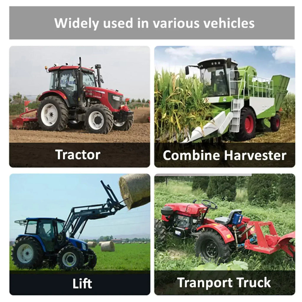 Black seat shown installed on a tractor, combine harvester, lift, and transport truck