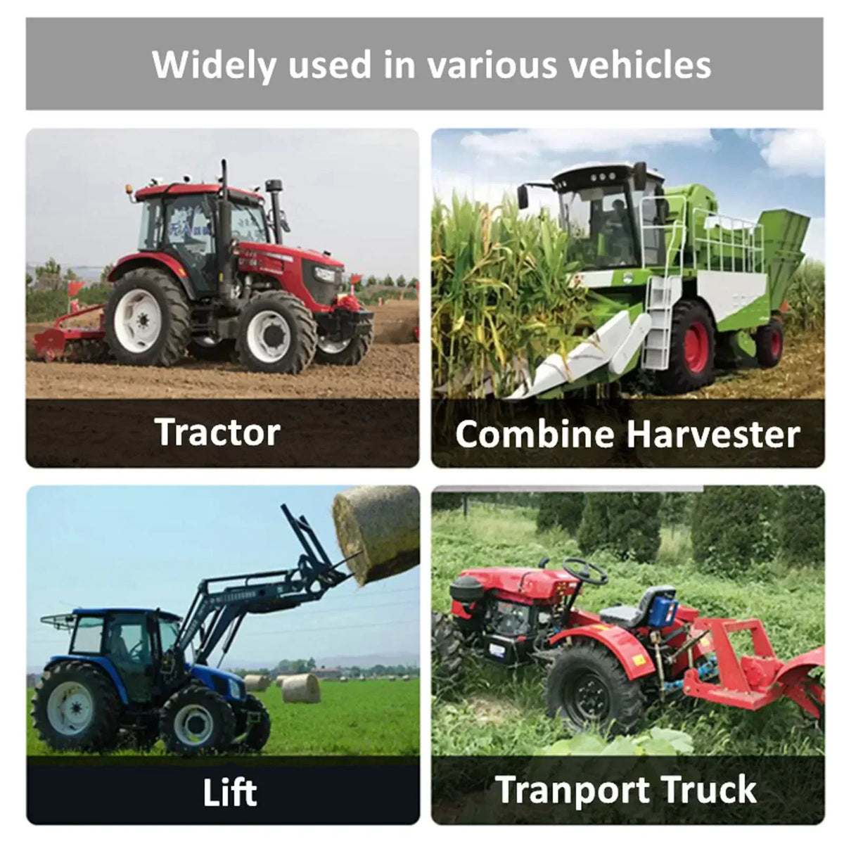 Black seat shown installed on a tractor, combine harvester, lift, and transport truck