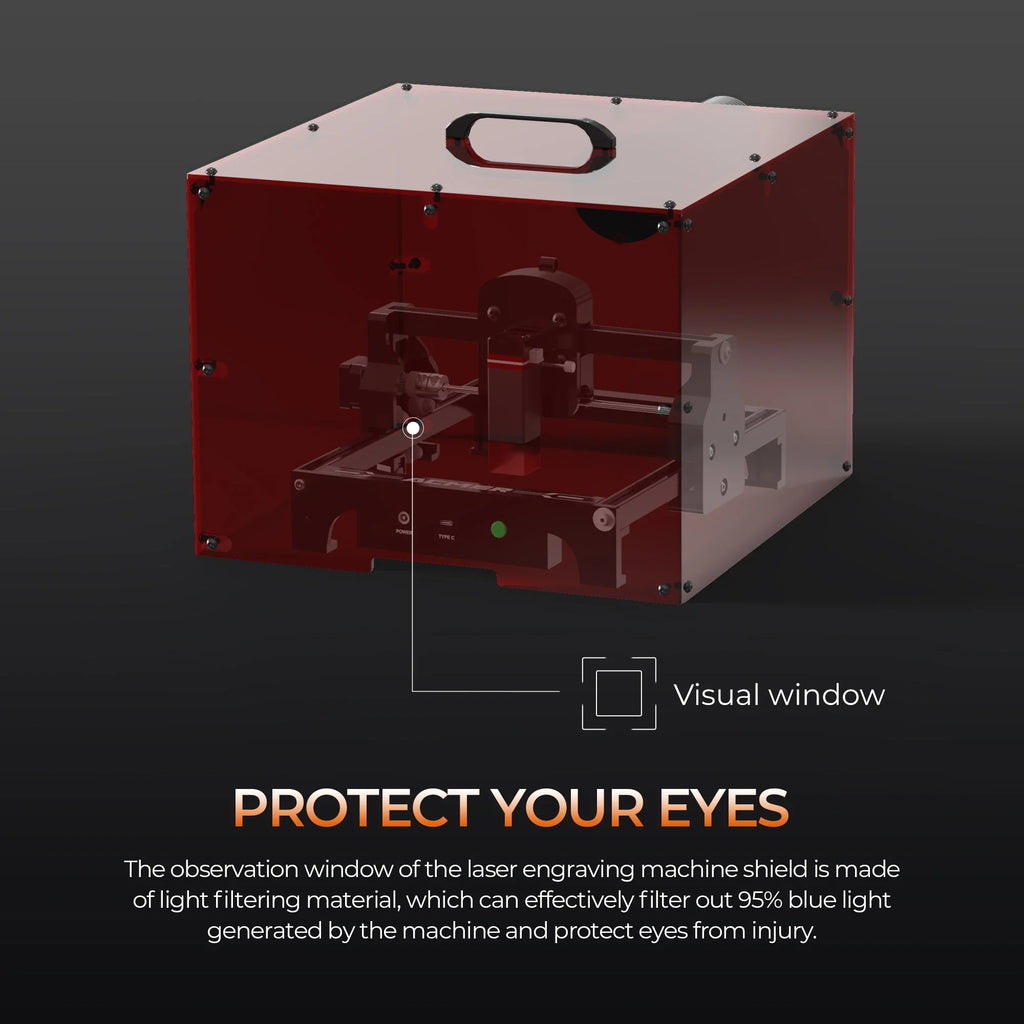 Protective laser enclosure showing internal machine and eye protection features