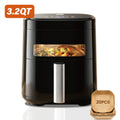 3.2QT compact black digital air fryer with visible window and paper liners