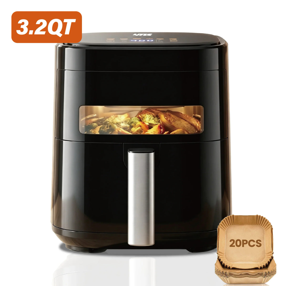 3.2QT compact black digital air fryer with visible window and paper liners