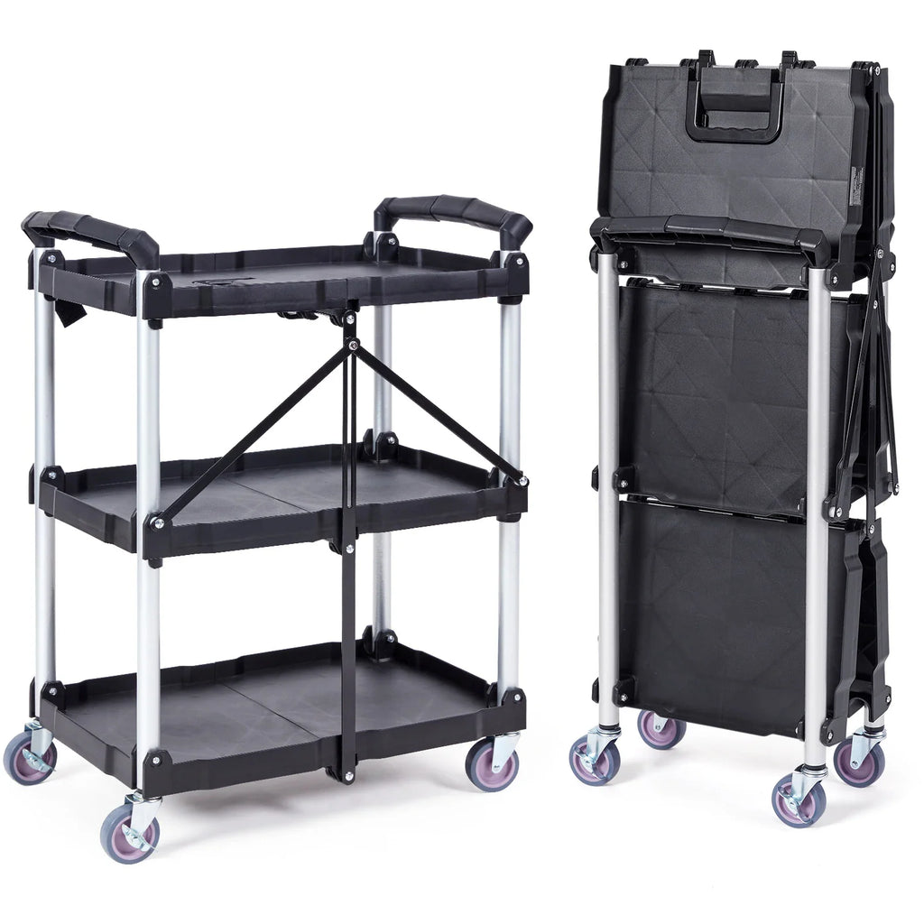 3-tier foldable utility cart in open and folded positions, black shelves with silver frame and casters
