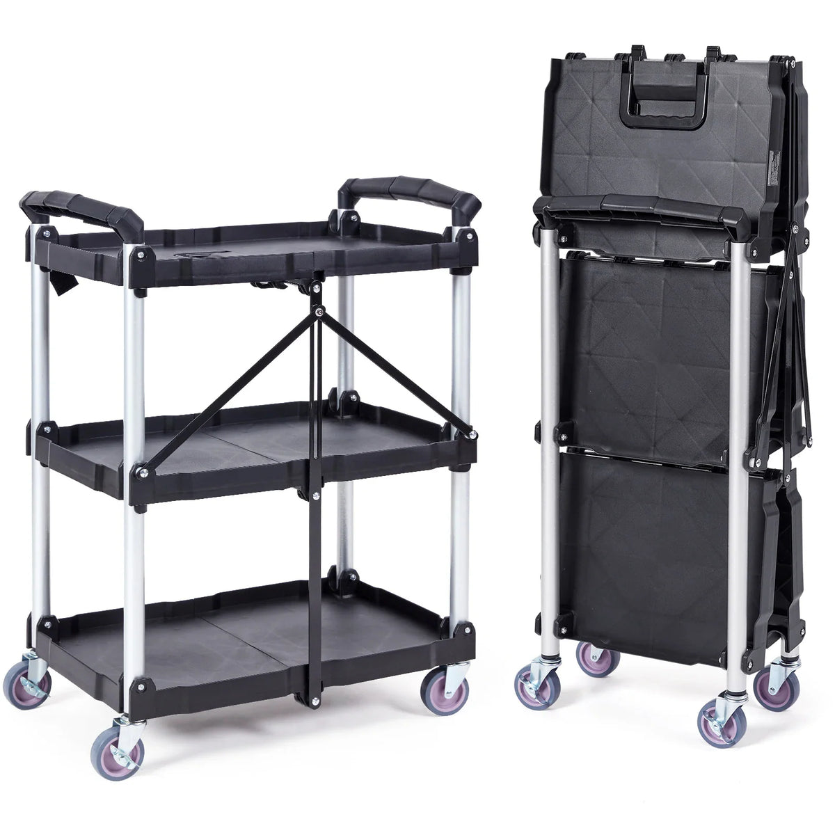 3-tier foldable utility cart in open and folded positions, black shelves with silver frame and casters