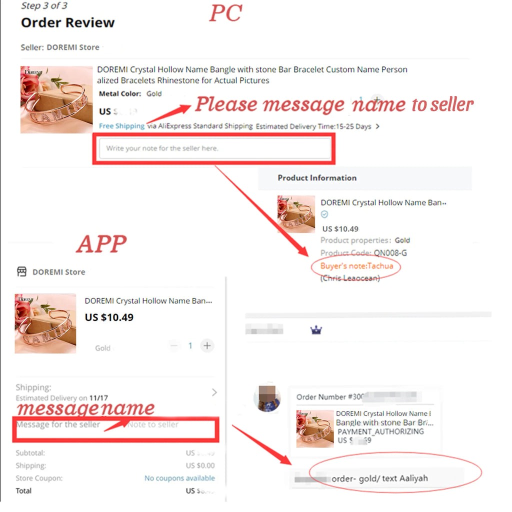 Screenshots showing how to order custom name jewelry from an online store