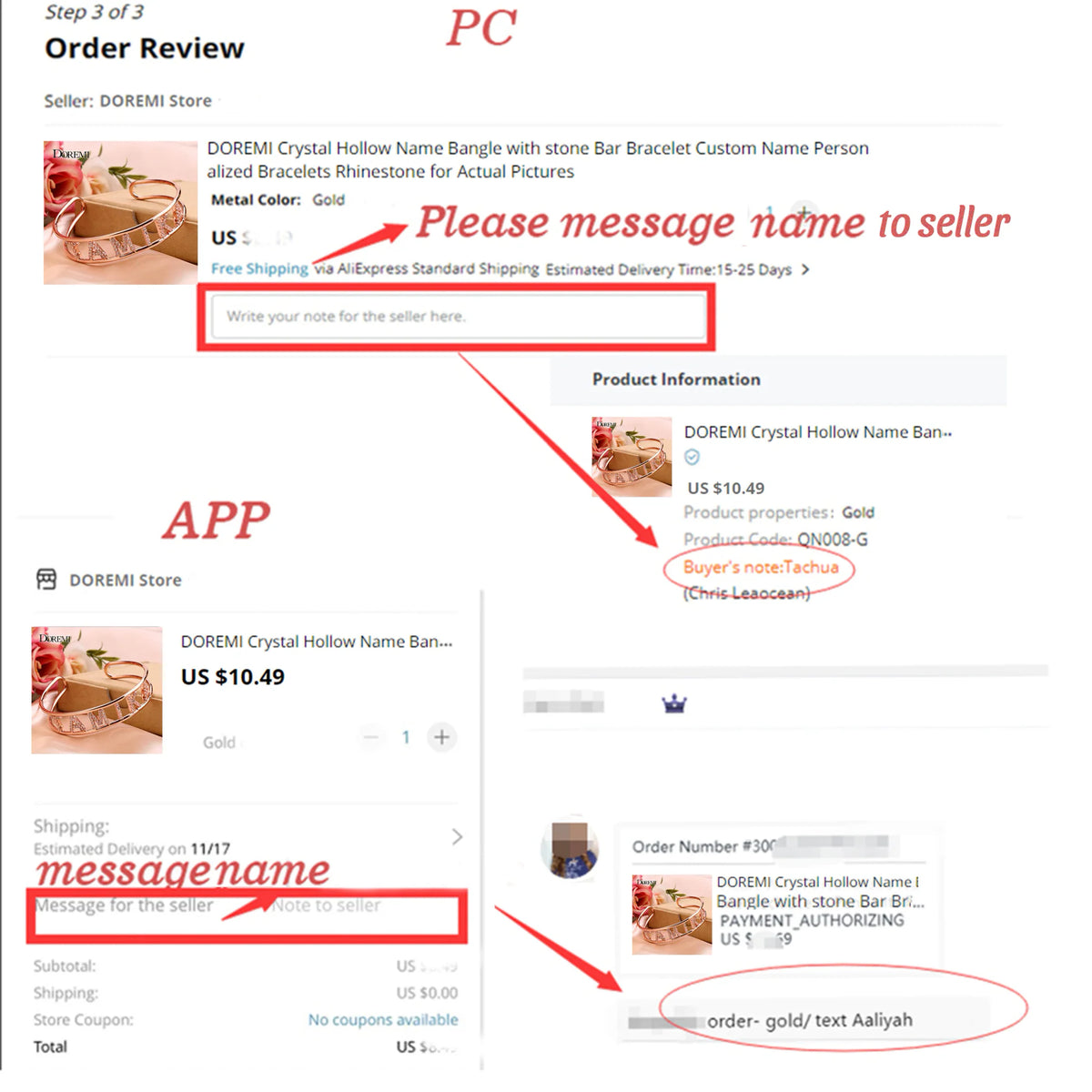 Screenshots showing how to order custom name jewelry from an online store