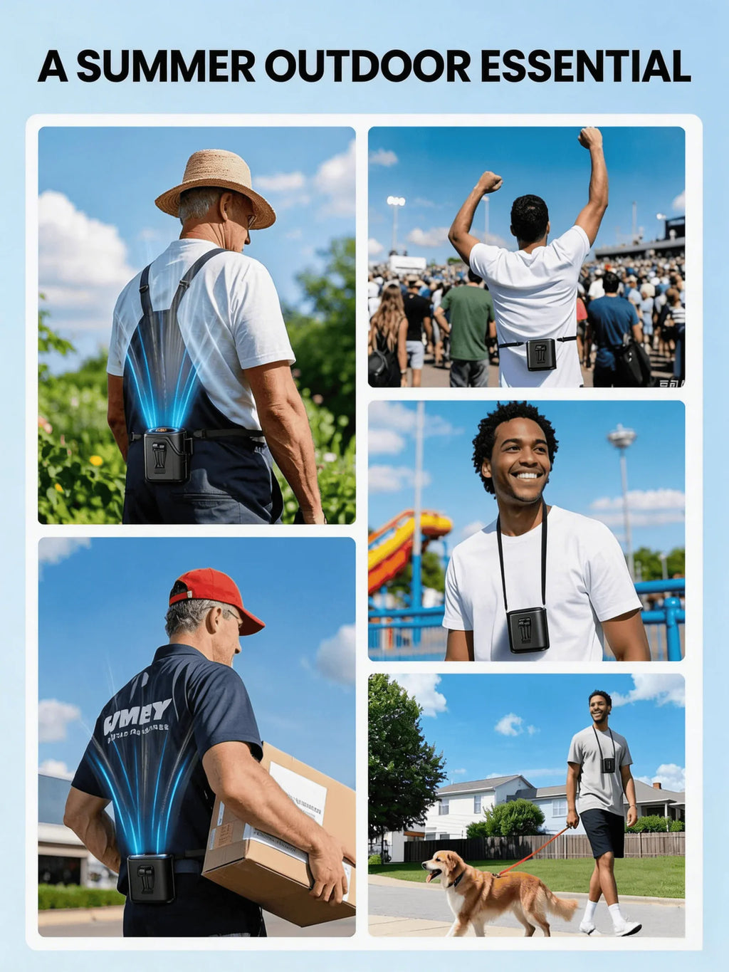 Outdoor lifestyle shots demonstrating a portable black fan worn in various ways
